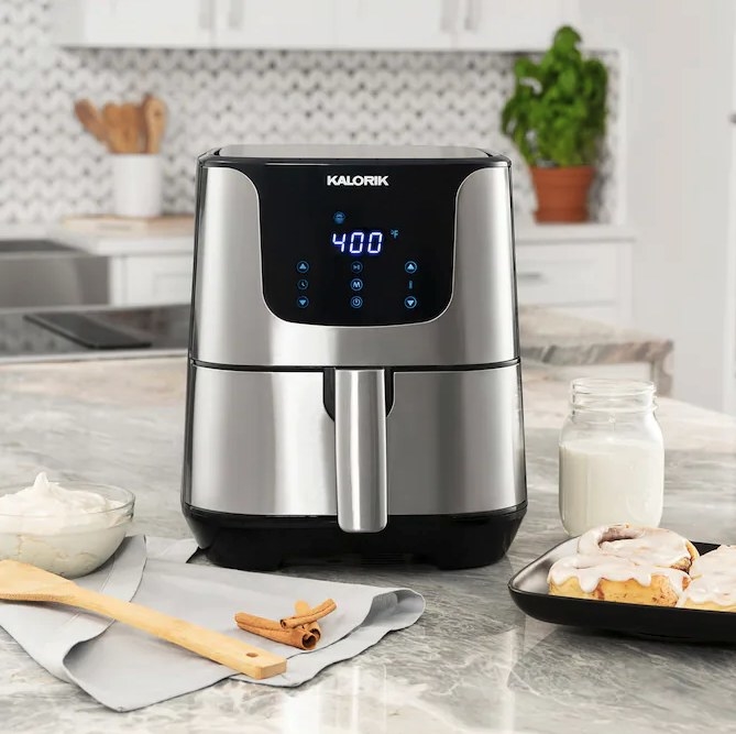 stainless steel air fryer on counter