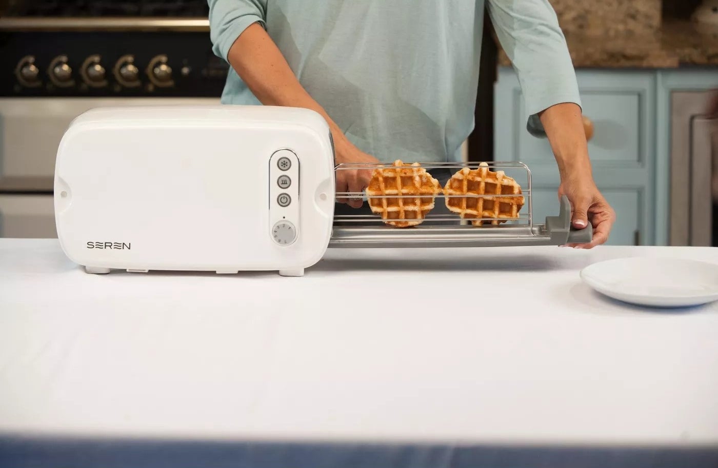 The wide white toaster with a side-loading toaster rack