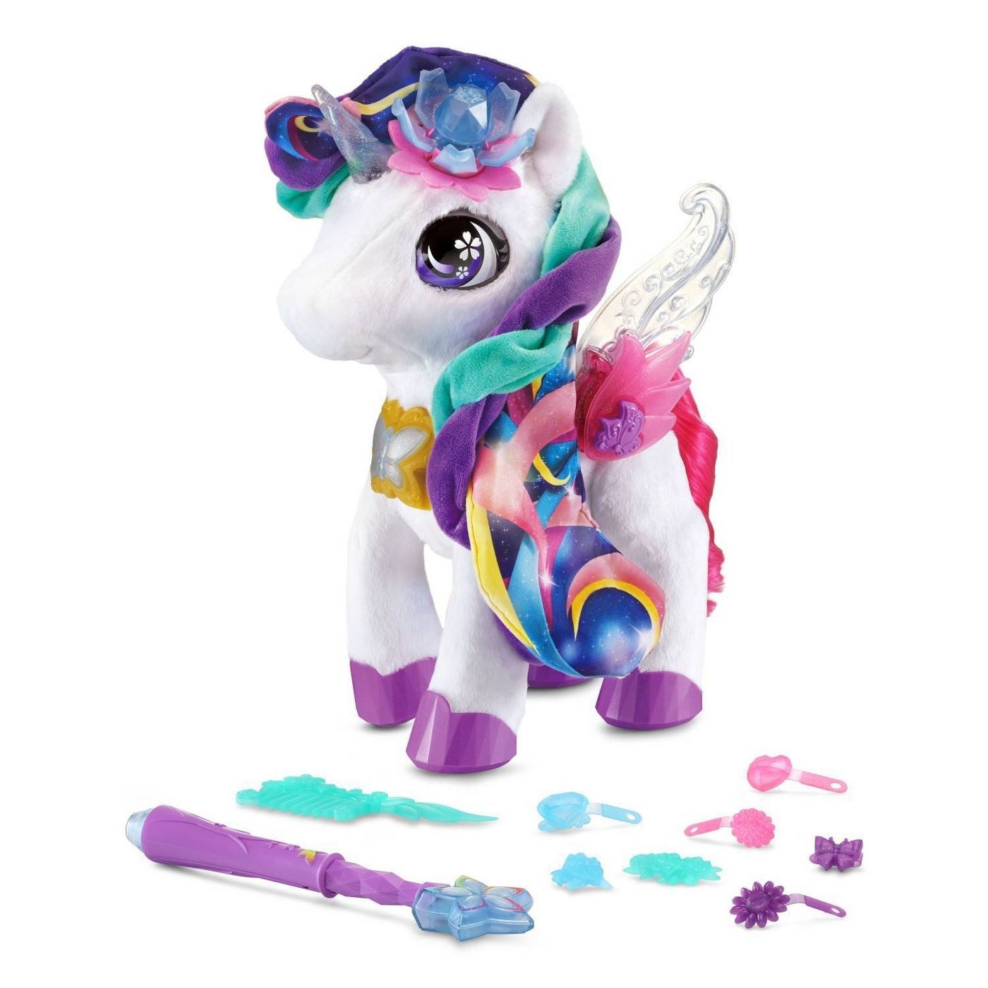 the unicorn and its accessories including a wand and barrettes