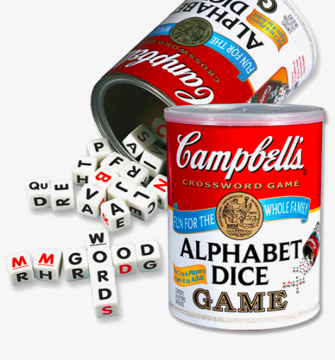 can that says campbells alphabet dice game