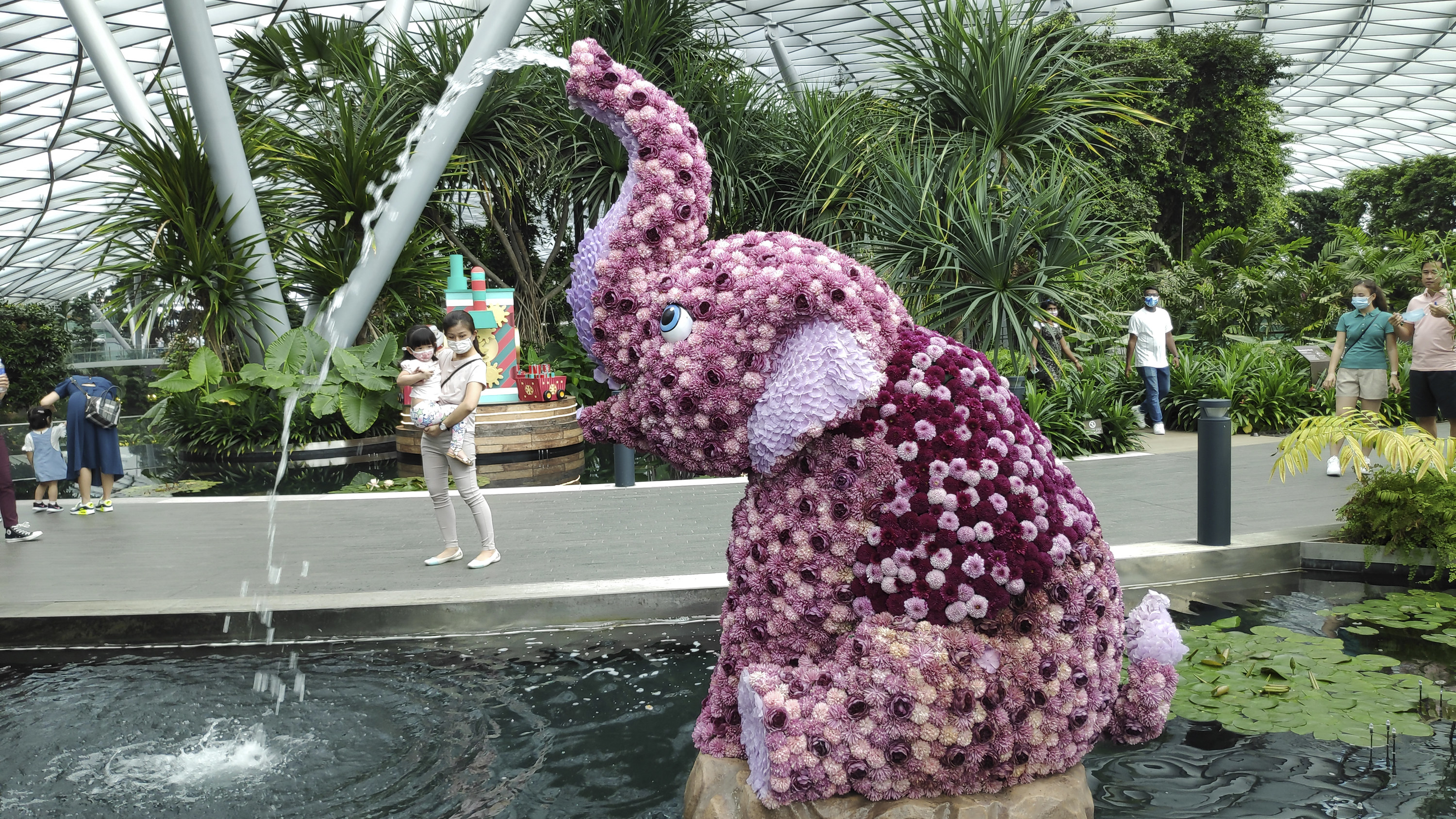 Floral elephant fountain in the Topiary walk at Canopy Park