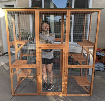 person standing inside the wooden and mesh cat house holding their cat