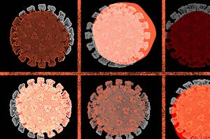 冠状病毒的图像在黑色背景上的红色网格中