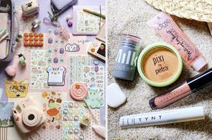 a variety of stickers and stationary; five miniature makeup items