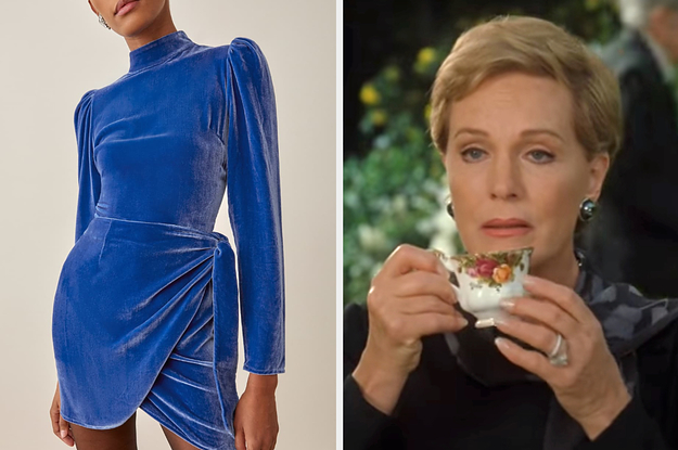 On the left, someone wearing a crushed velvet high neck mini dress, and on the right, Julie Andrews sipping a cup of tea as Clarisse in The Princess Diaries