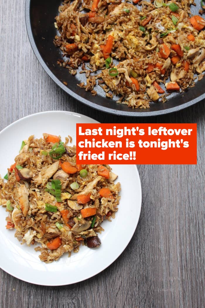 A skillet of chicken fried rice