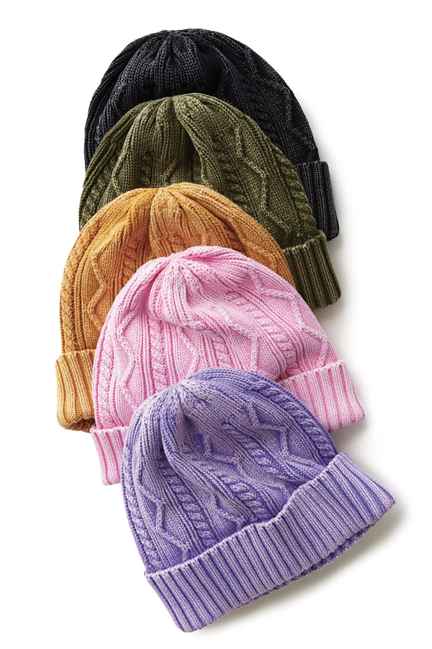The black, green, orange, pink, and purple beanies with ribbed cuffs