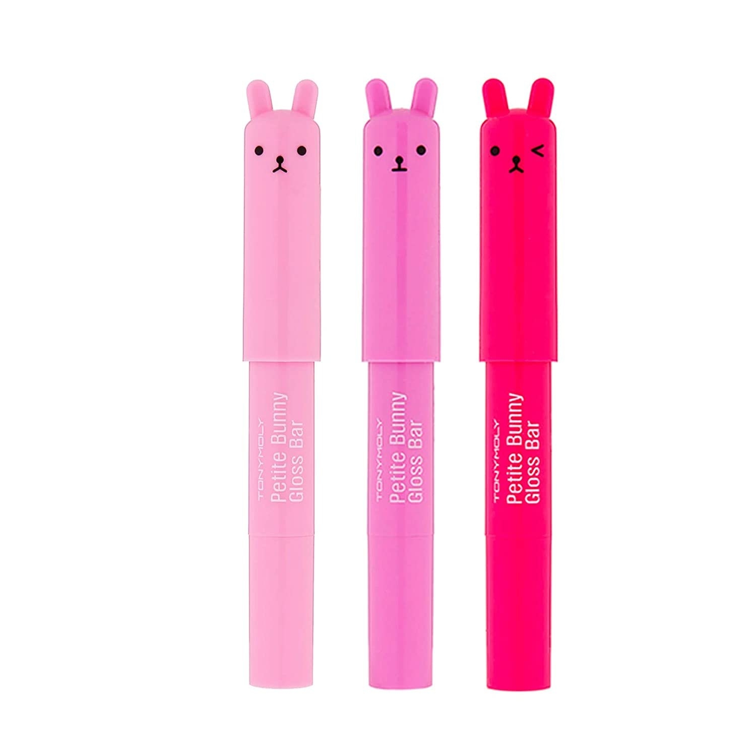 The three slip gloss sticks with bunny shaped caps in light, medium, and bright pink
