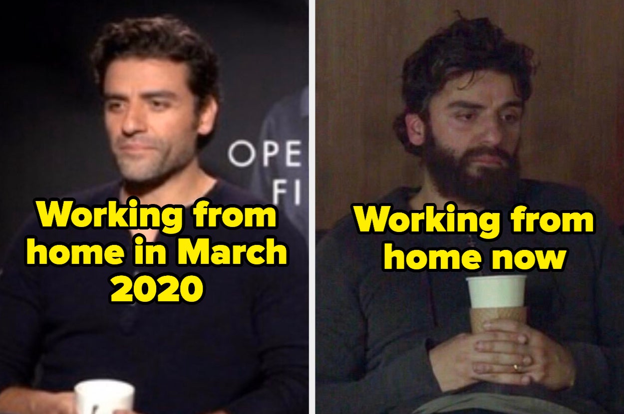 A before image looking professional holding coffee with the text: "Working from home in March 2020" next to an after image looking disheveled with coffee with the text: "Working from home now"
