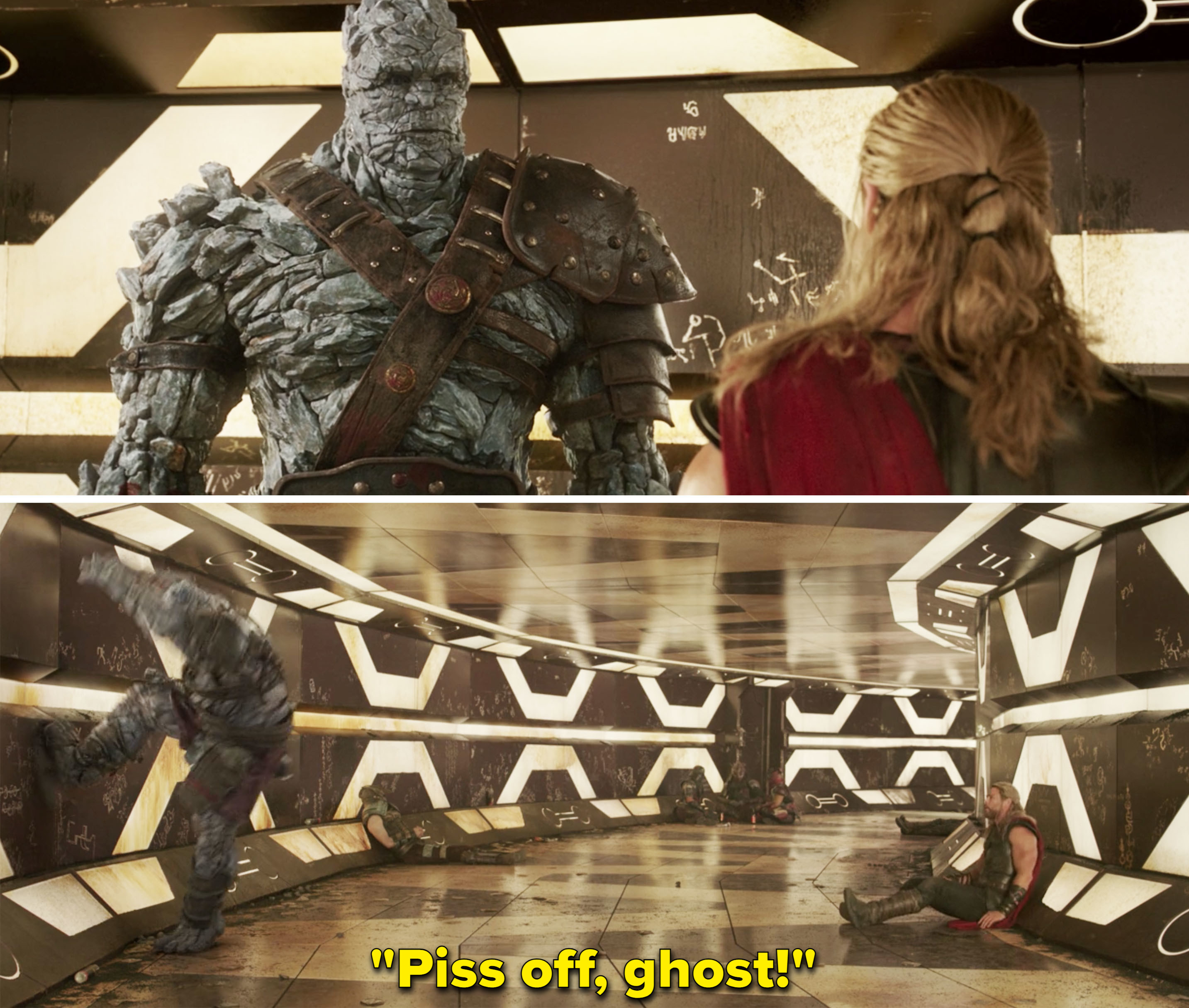 Korg kicking a wall and saying &quot;Piss off, ghost!&quot;