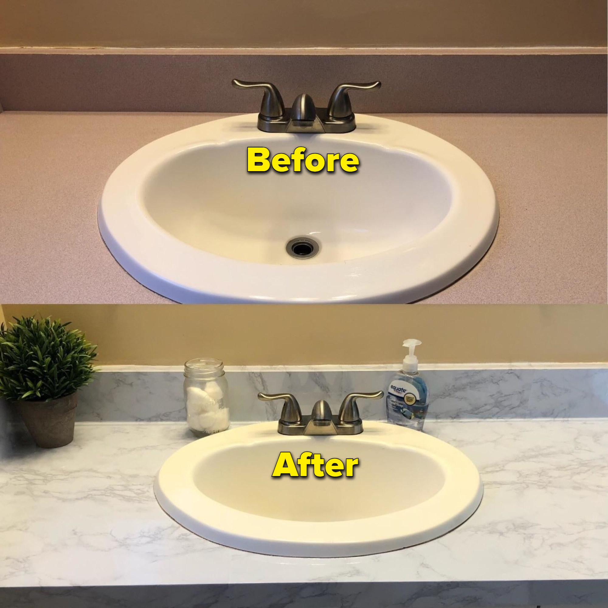 Reviewer image of before and after of bathroom sink with and without marble wallpaper
