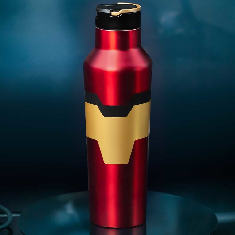 Bottle with Marvel Iron Man logo on the outside