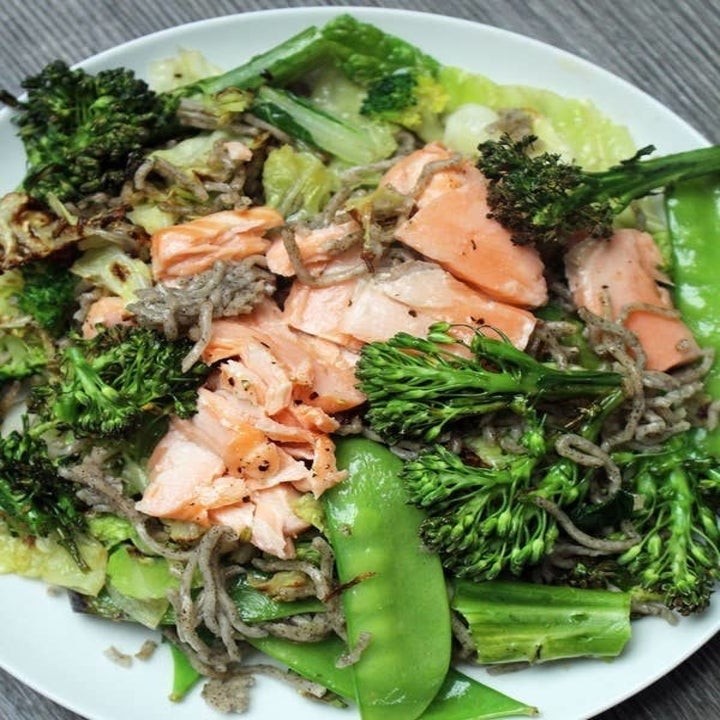 Salmon with soba noodles and vegetables.