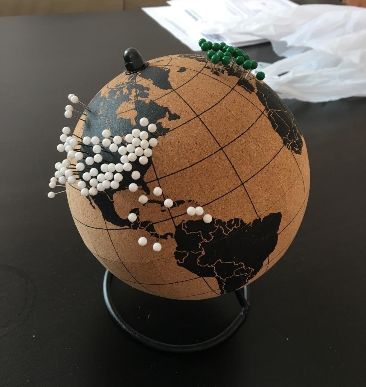 Reviewer photo of the cork globe with pins it in