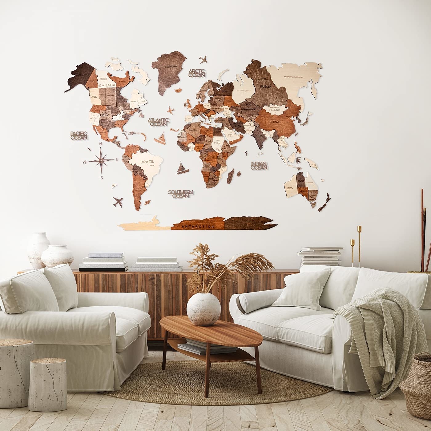 The 3D wooden map on a living room wall