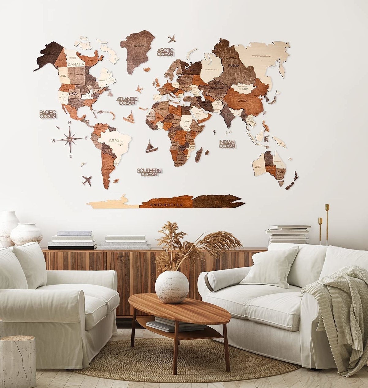 The 3D wooden map on a living room wall