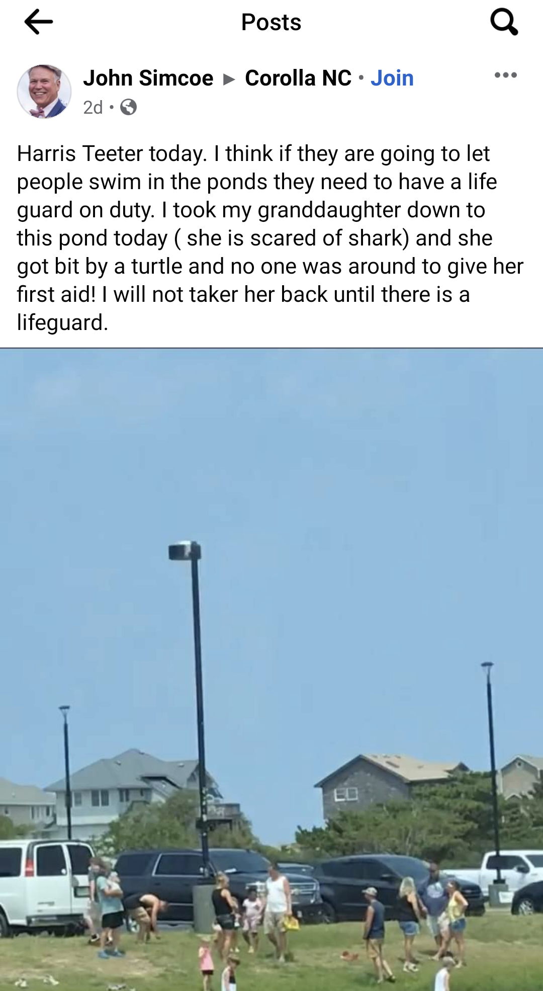 facebook post complaining that there was no a lifeguard at a lake so the man let his granddaughter swim and she was bit by a turtle