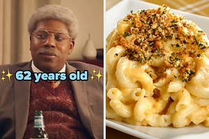 On the left, Kenan Thompson dressed as an old man on SNL labeled 62 years old, and on the right, some mac and cheese topped with herbs and bread crumbs