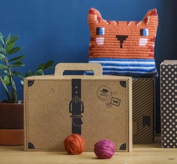 cat face pillow and suitcase box