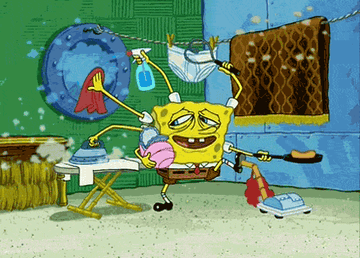 SpongeBob cleaning while taking care of a baby clam