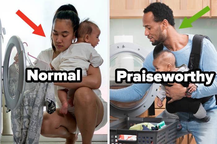 A mom holding her baby while doing laundry, a dad holding his baby while doing laundry