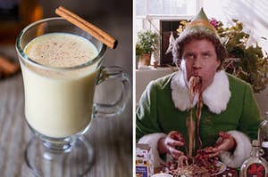 On the left, some eggnog in a glass with a cinnamon stick on top, and on the right, Buddy the Elf eating some sweet breakfast spaghetti