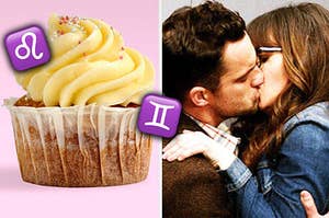 a vanilla cupcake on the left and nick and jess from new girl on the right
