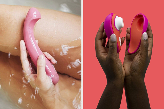 Model holding pink vibrator in bathtub and model holding orange and pink suction vibrator