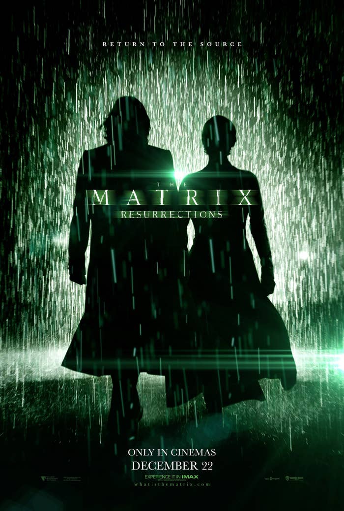 A promo poster for the film that features Neo and Trinity walking through the rain side-by-side