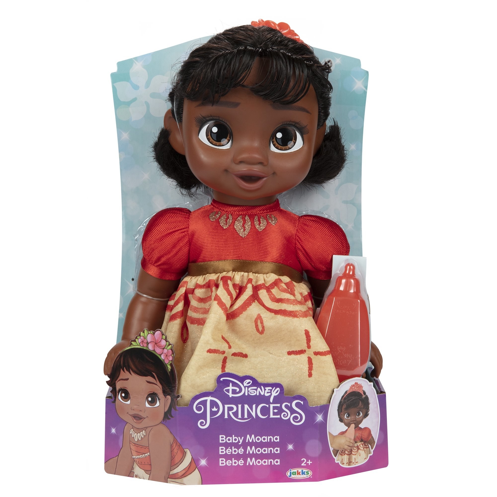 A Disney Baby Moana baby doll and baby bottle in packaging