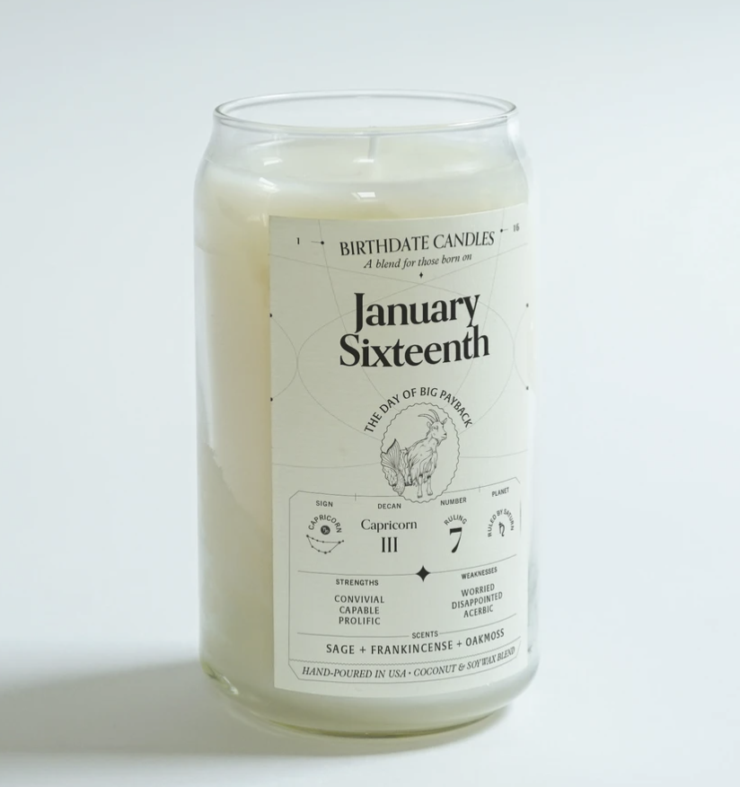 Candle with date on it and other astrological information