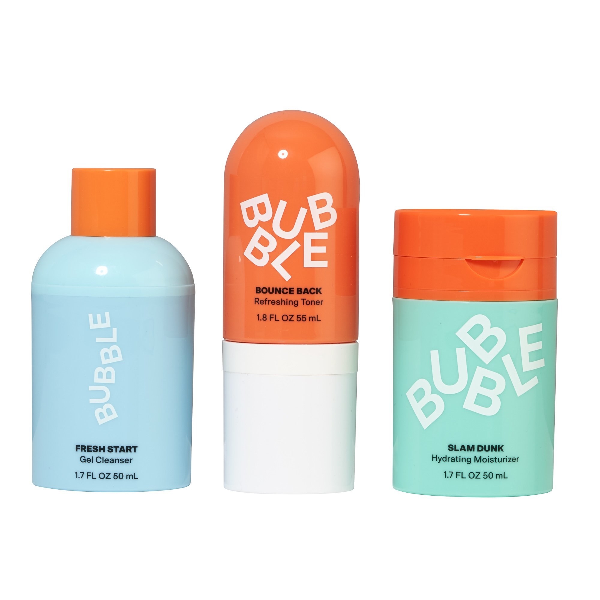 Three bottles of skincare: gel cleanser, toner, and moisturizer