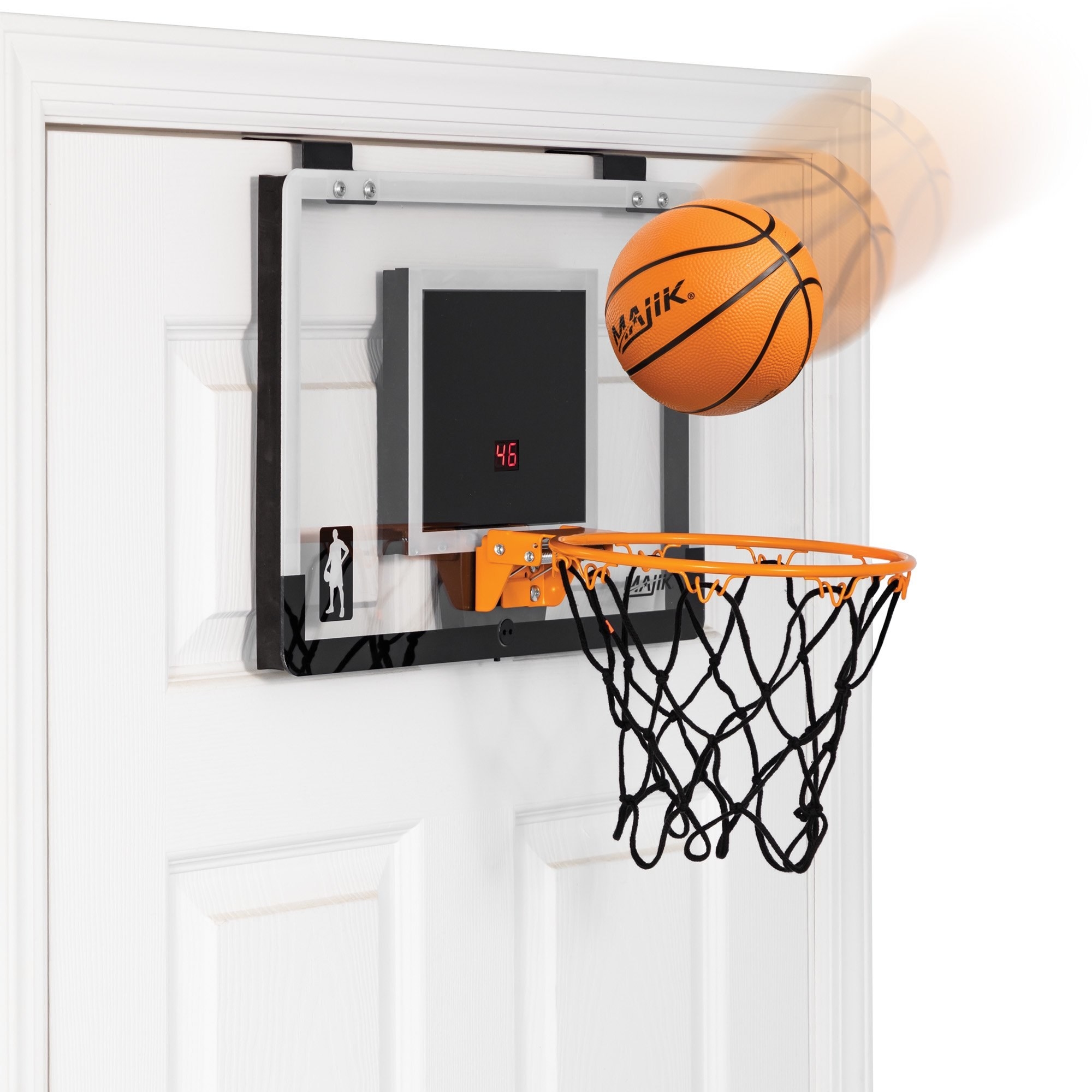A basketball about to go in an over-the-door indoor hoop