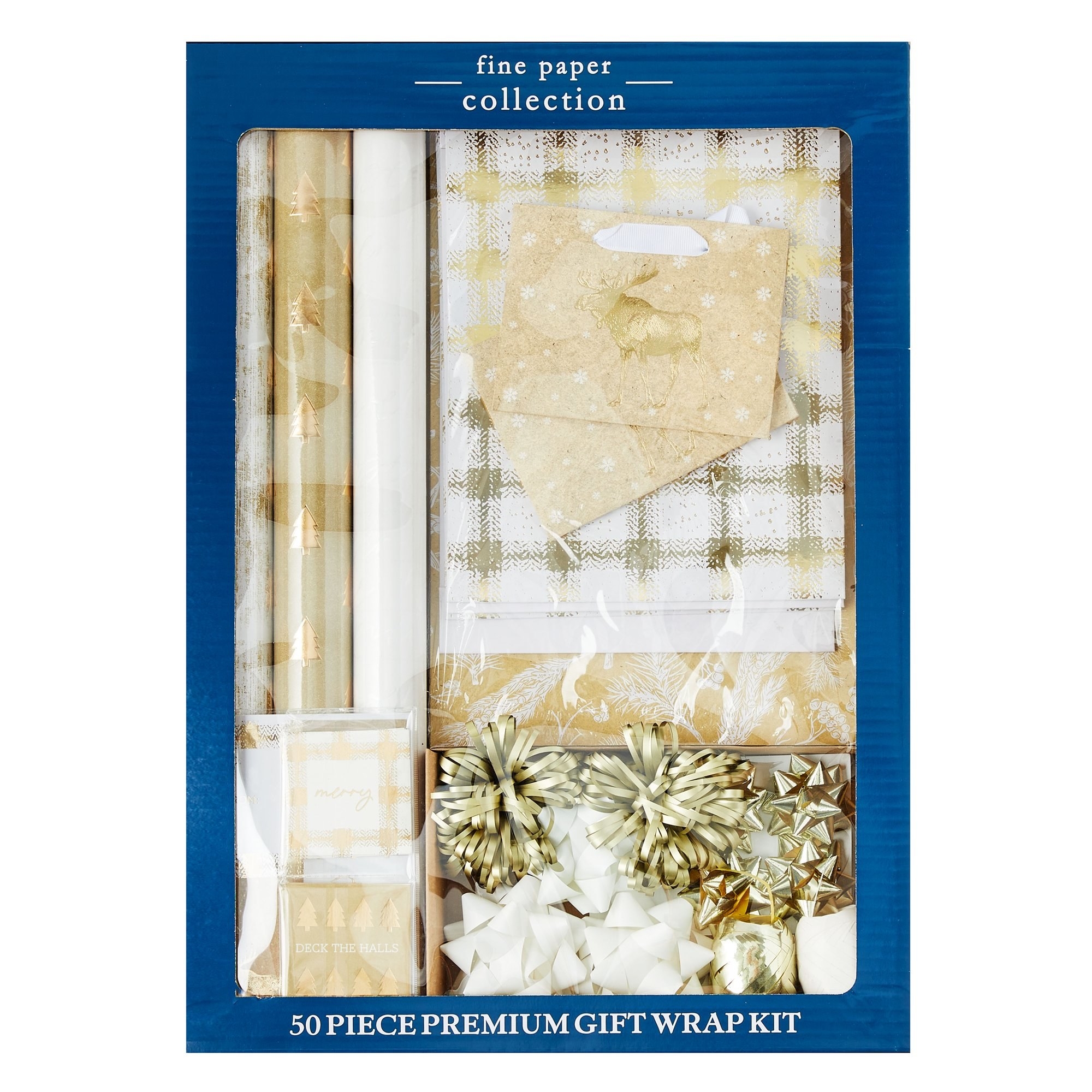 A gift wrap kit containing gold and white gift wrap paper and bows