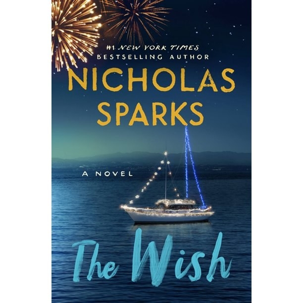 The book cover art featuring a scene at dusk: fireworks, a starry sky, a lit-up boat on water, and mountains on the horizon