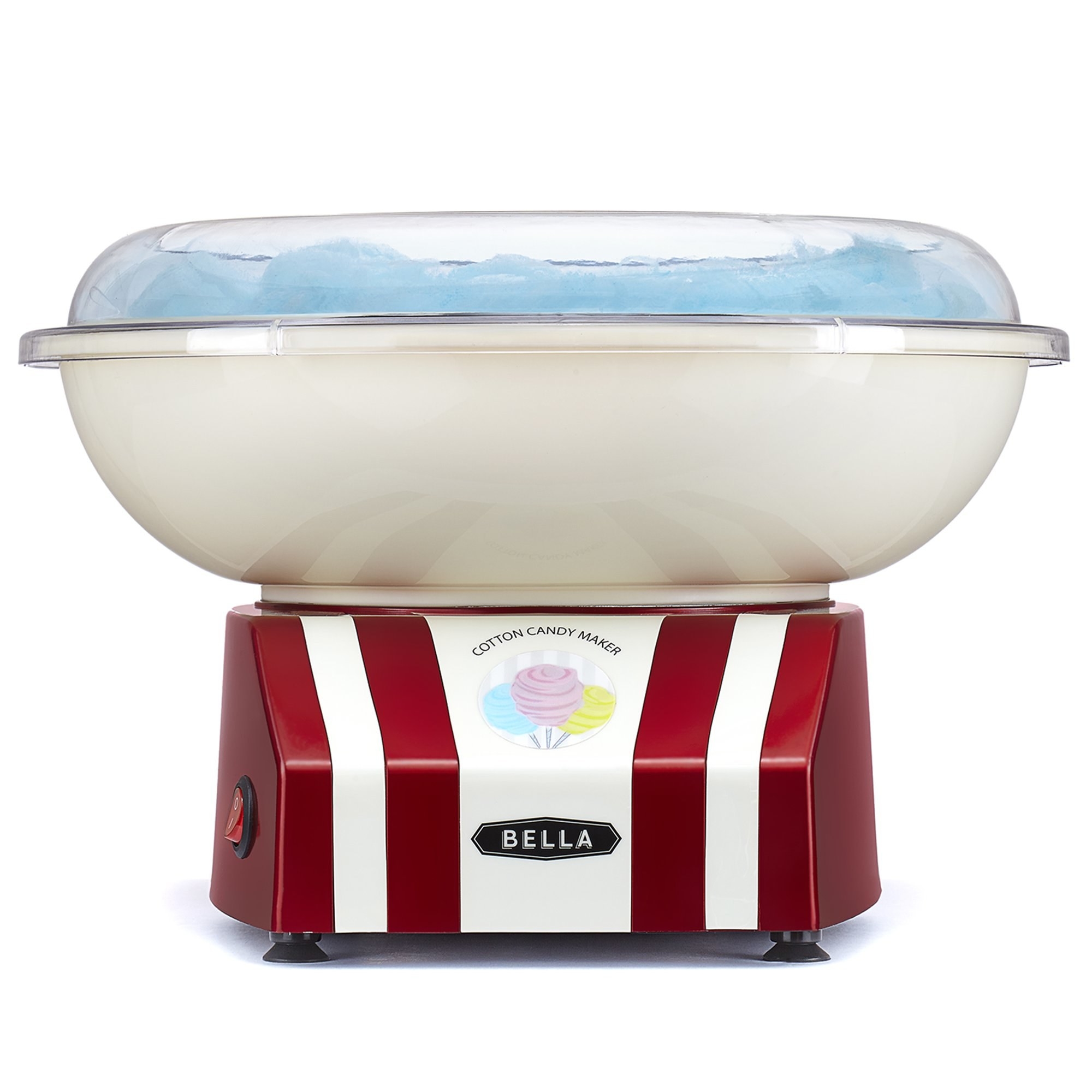 A striped cotton candy maker with light blue cotton candy inside