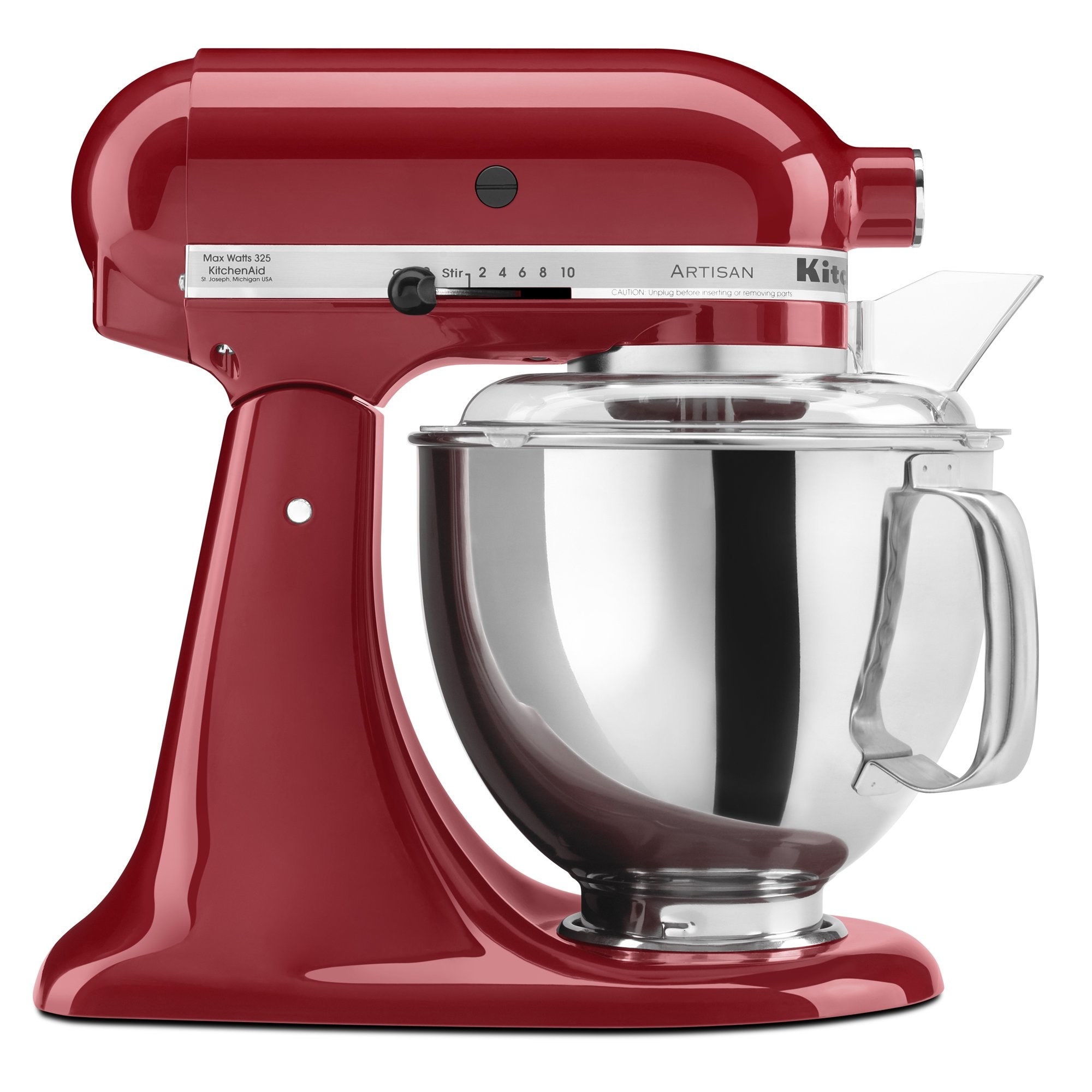A red KitchenAid stand mixer with a stainless steel mixing bowl and a clear plastic pouring shield