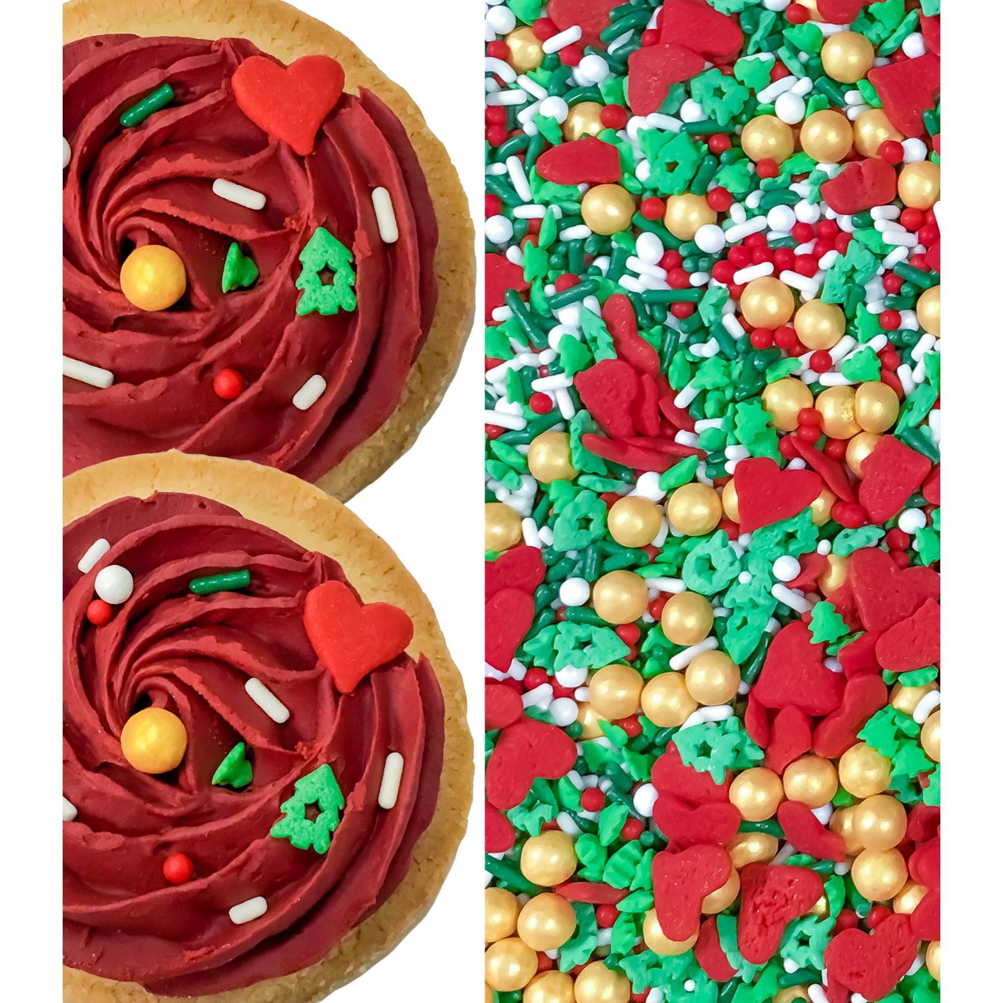 Product shots of Christmas sprinkles: on the left, adorning cookies; on the right, by themselves