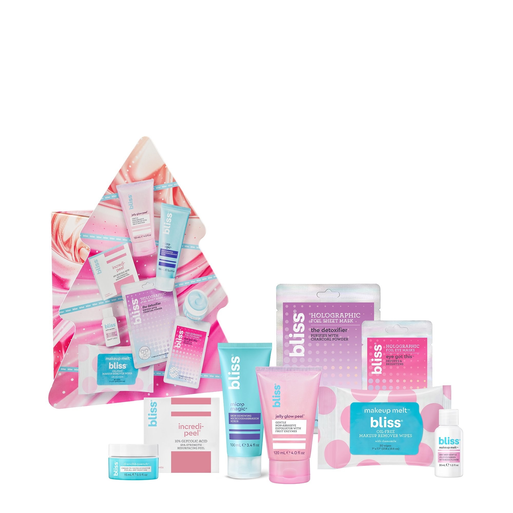 Eight Bliss skincare products that come in a Christmas-tree shaped set