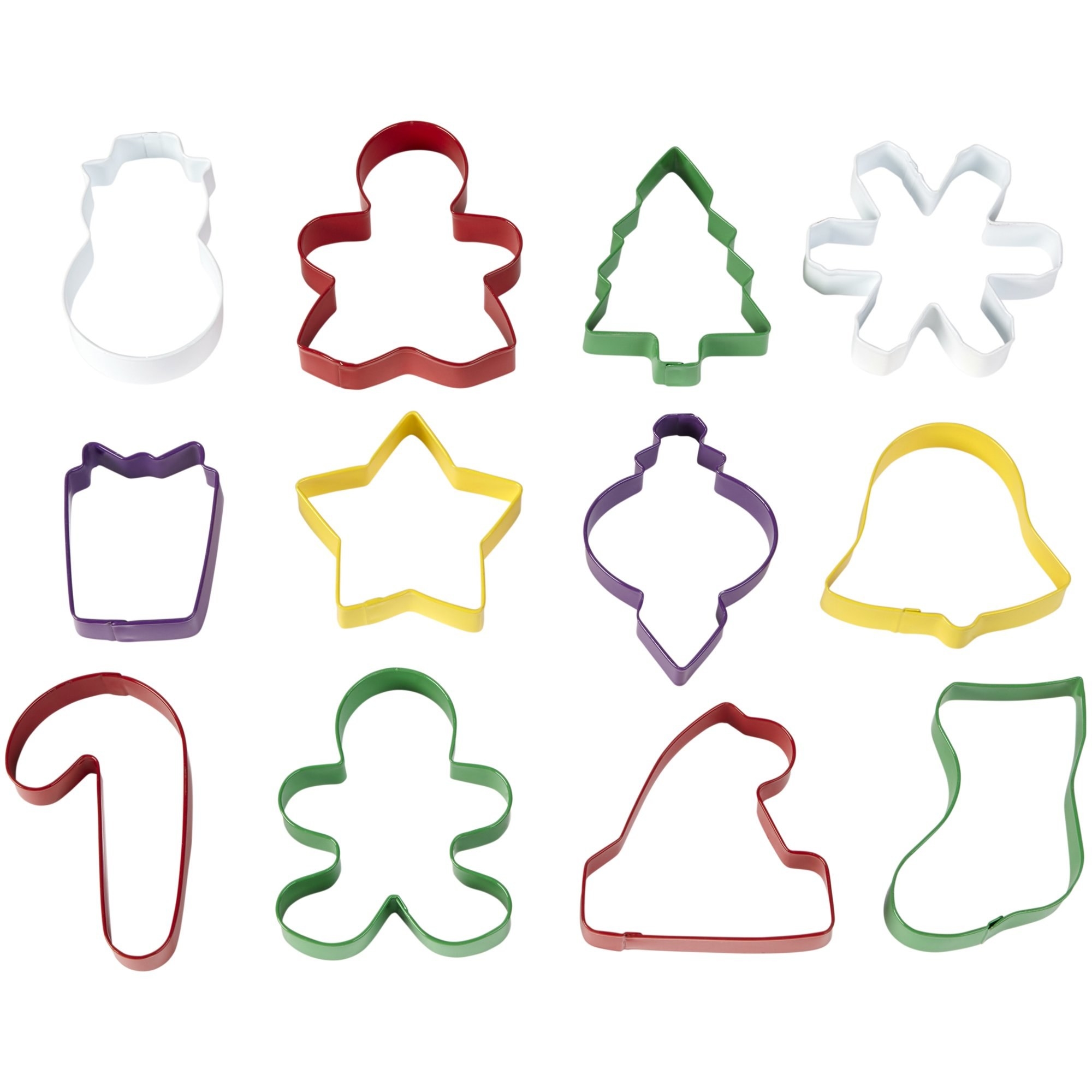 12 holiday-themed cookie cutters: snowman, snow angel, Christmas tree, snowflake, wrapped gift with a bow, star, ornament, bell, candy cane, gingerbread man, Santa&#x27;s hat, and stocking