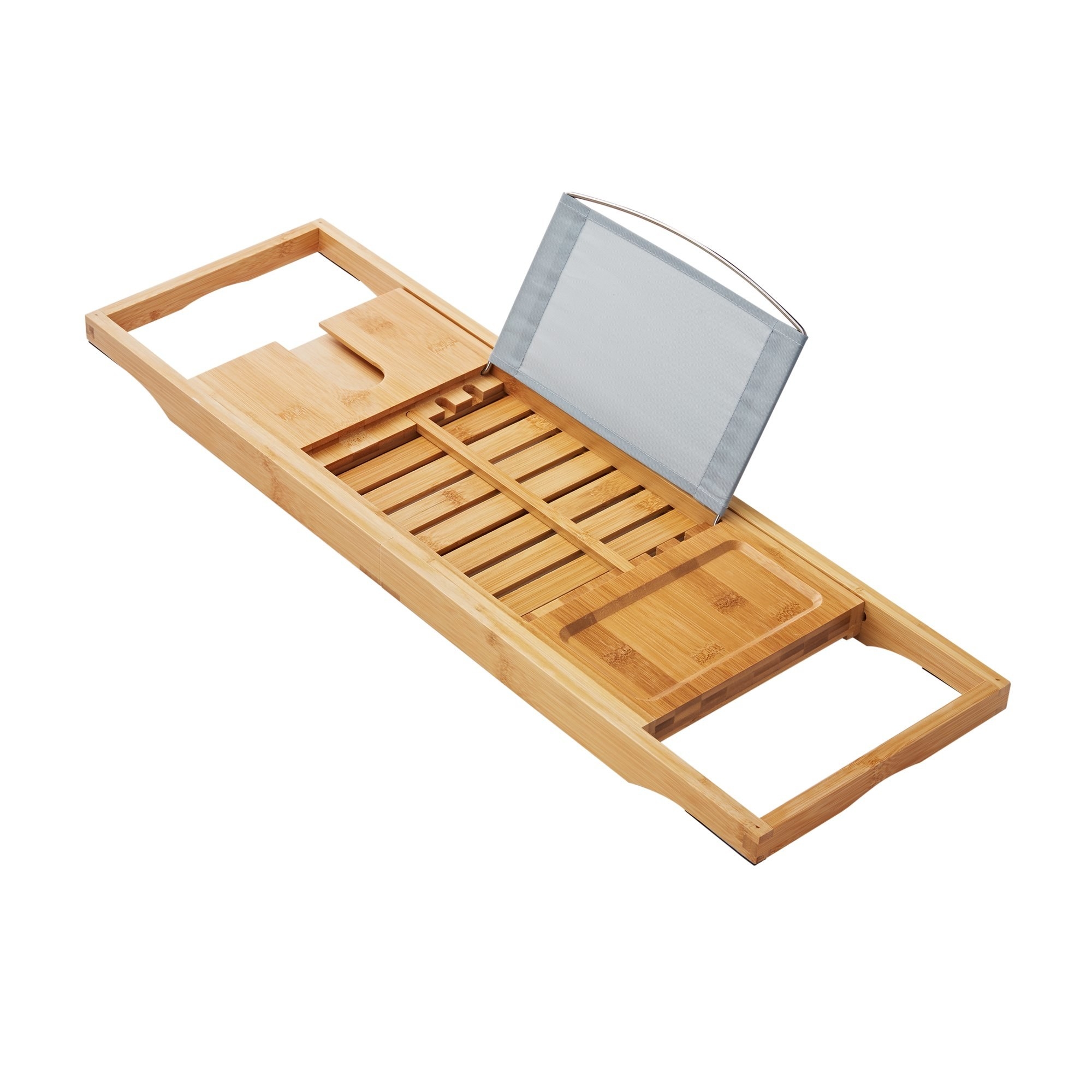A bamboo bath try with a lift-up easel to help prop up books or devices