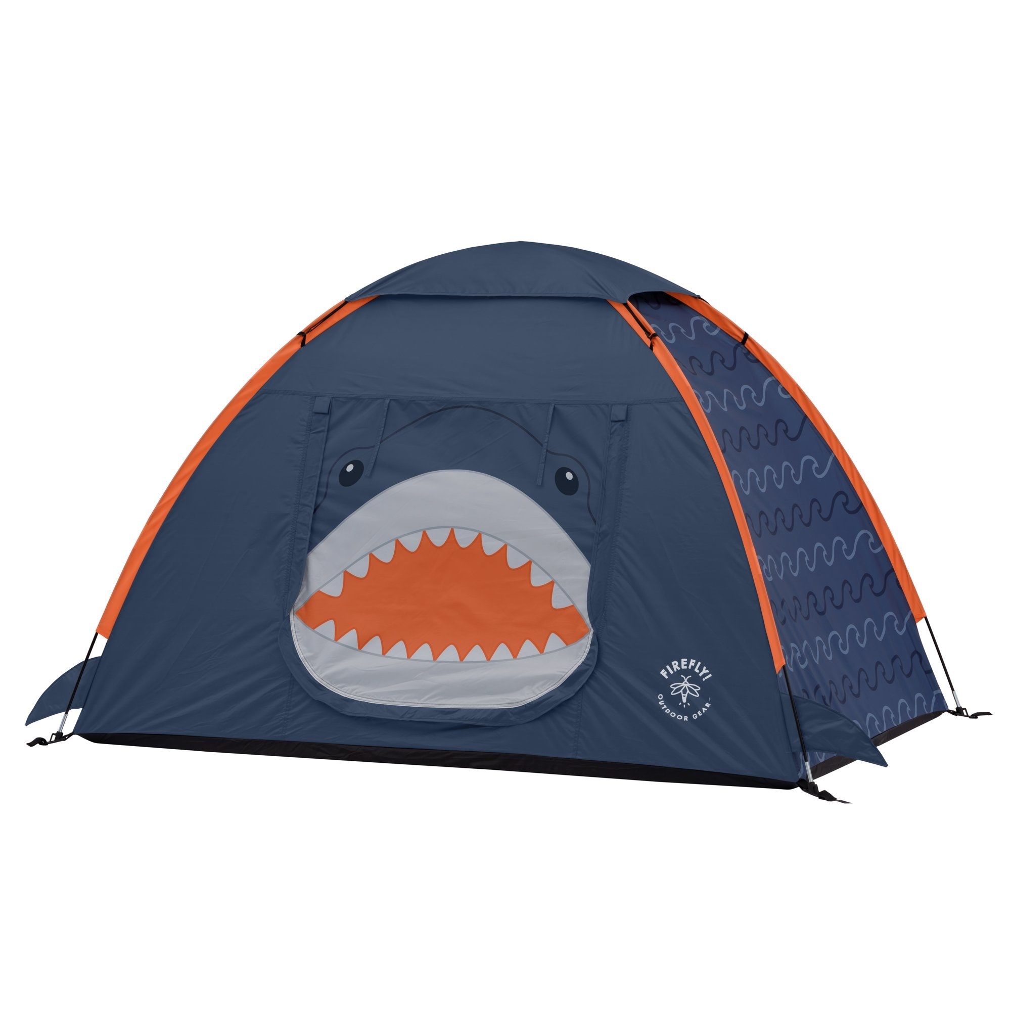 A tent with a zip-open door that features a shark face as art