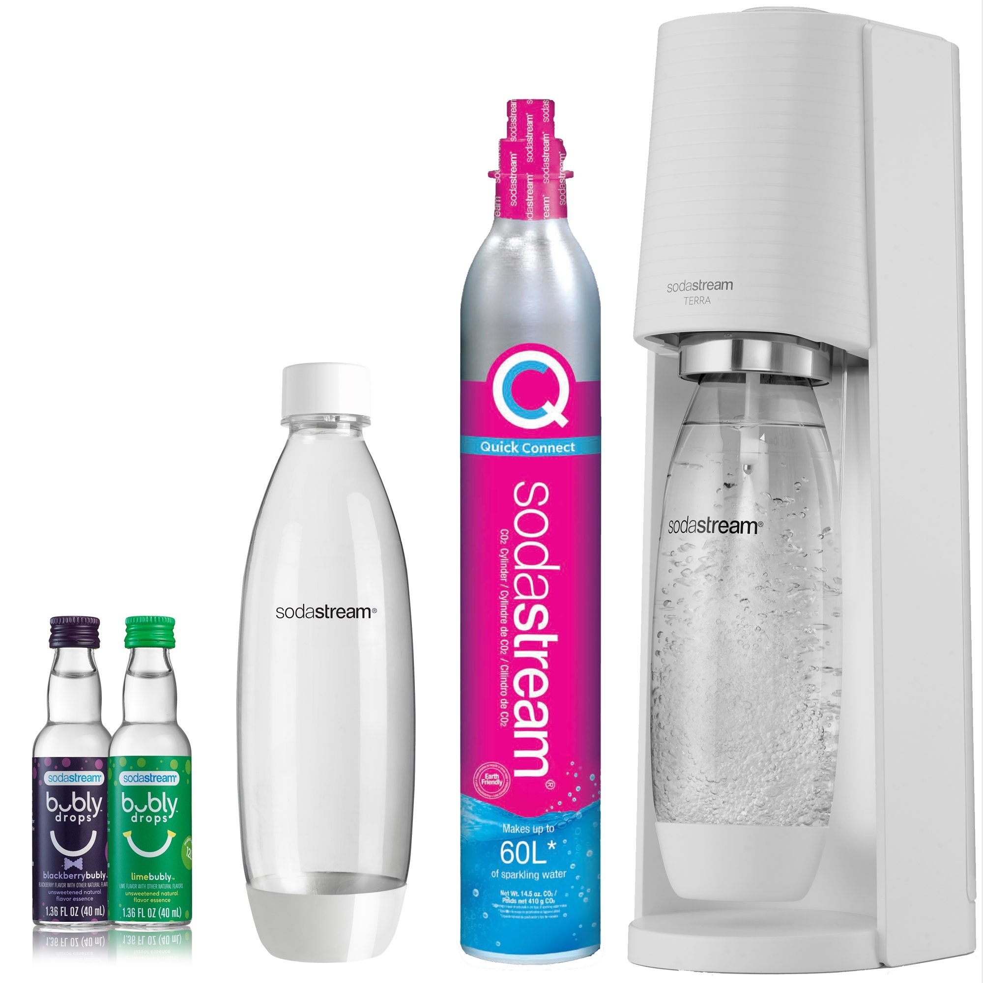 Product shot of a SodaStream with two bottles, a canister of CO2, and two small bottles of flavored liquid