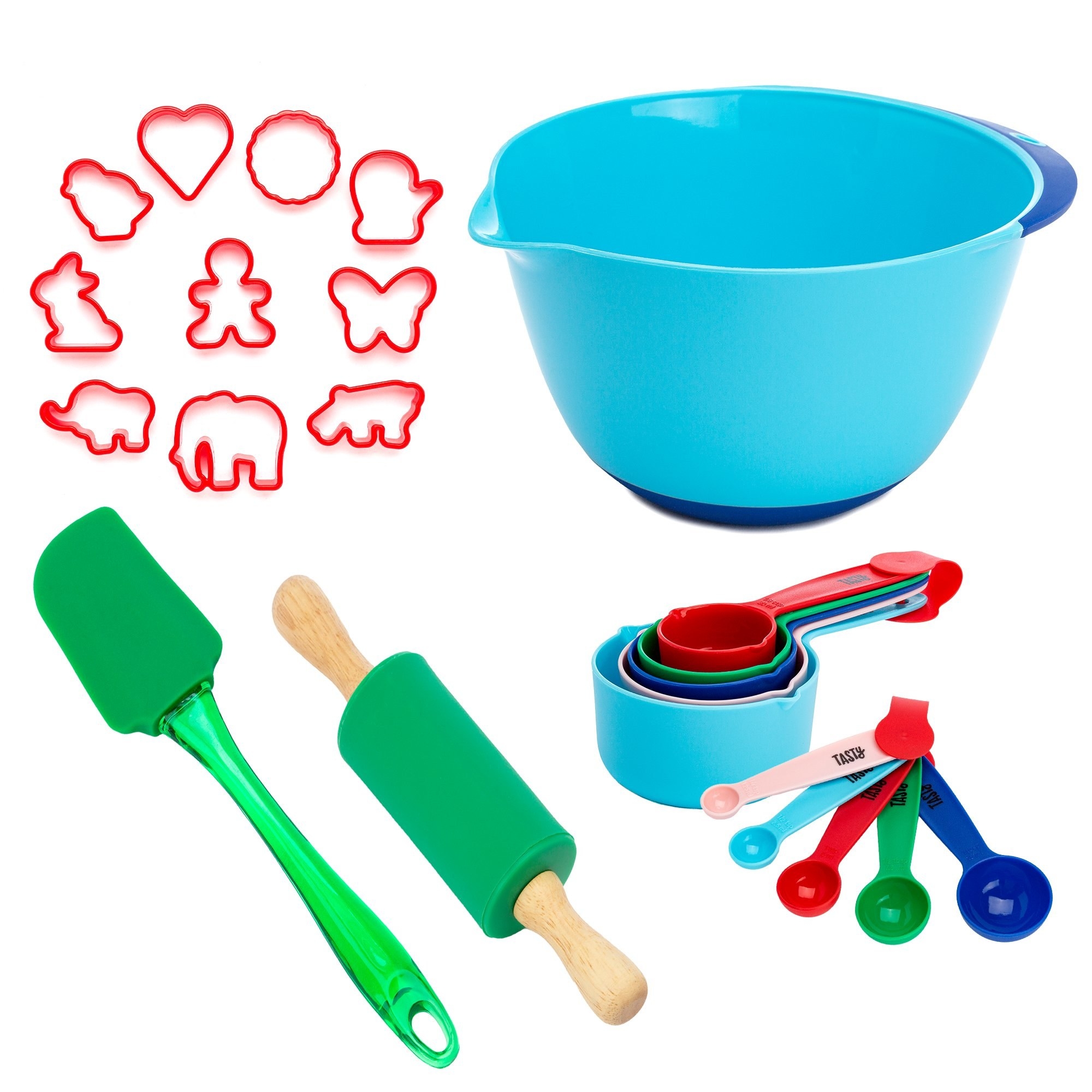Different colored measuring cups, different colored measuring spoons, a green spatula, green silicone rolling pin with wooden handles, blue mixing bowl, and 10 differently shaped red cookie cutters
