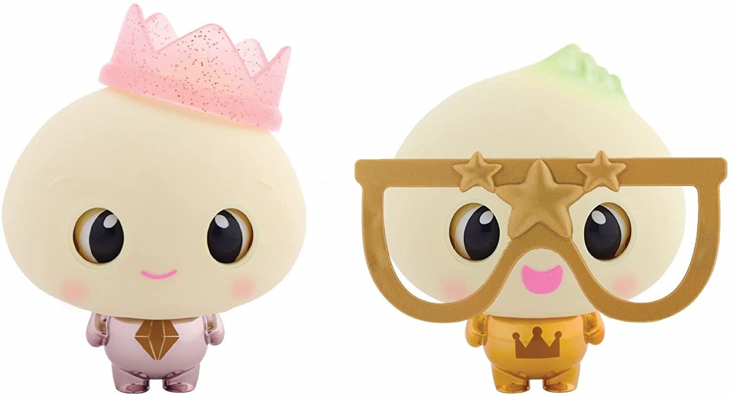 the interactive dumplings one wearing a crown and the other wearing glasses