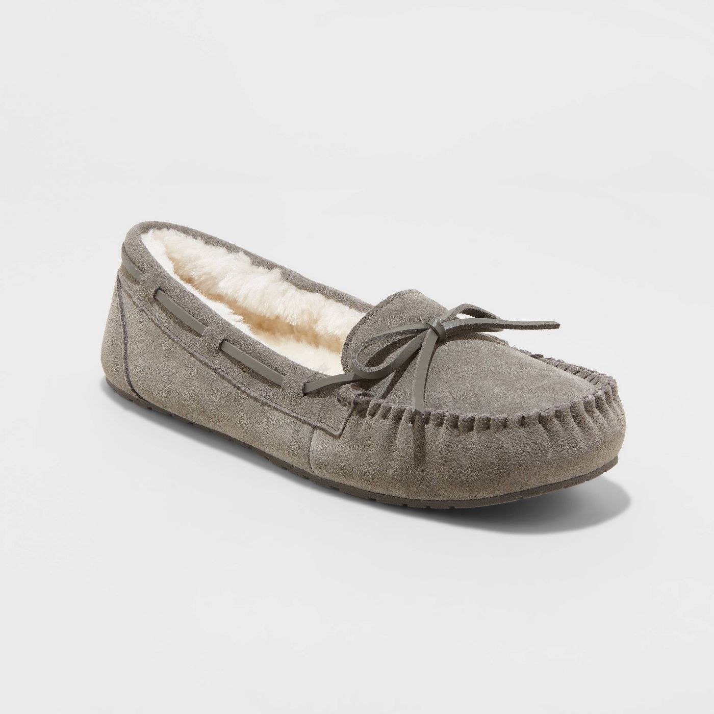 gray suede moccasin slipper with sherpa lining