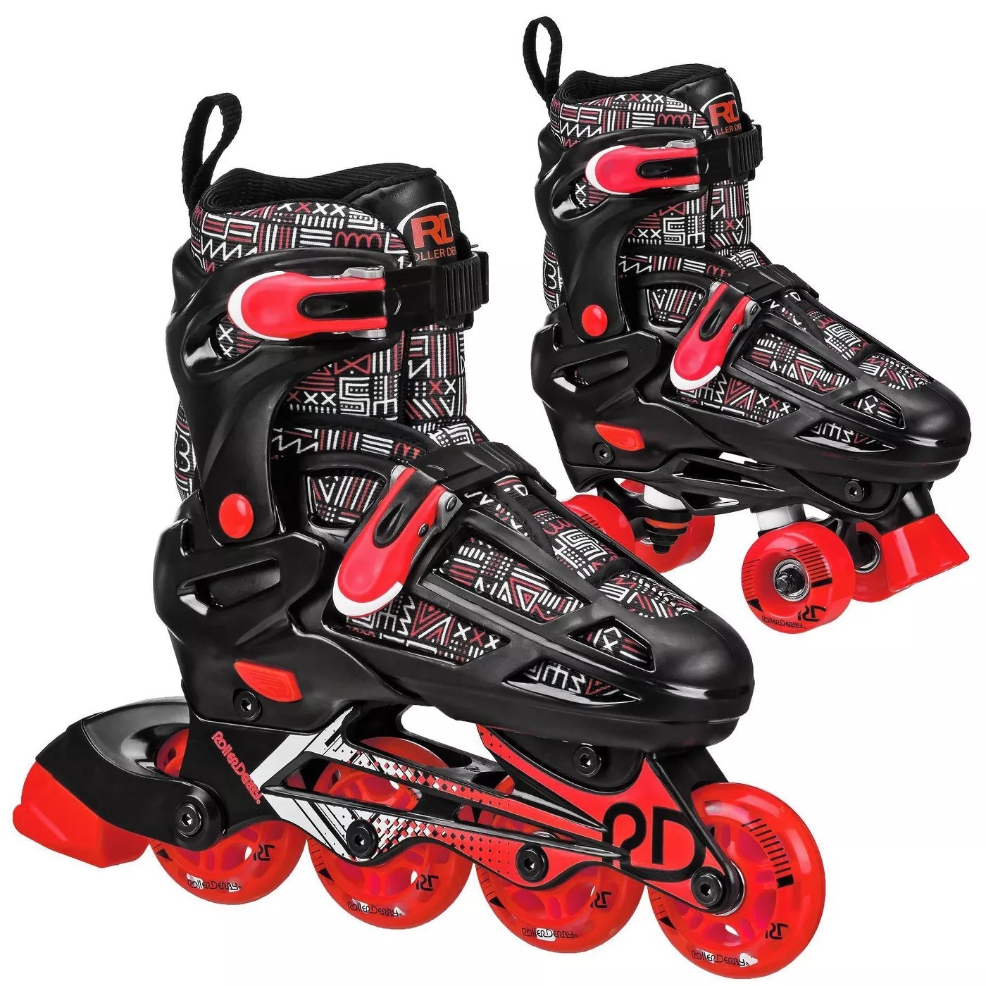 The black and red skates with the in-line and quad wheel attachments