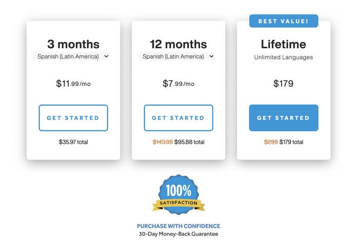 A side-by-side comparison of the three subscription plans; 100% satisfaction guaranteed with all options, including 30-day money-back guarantee