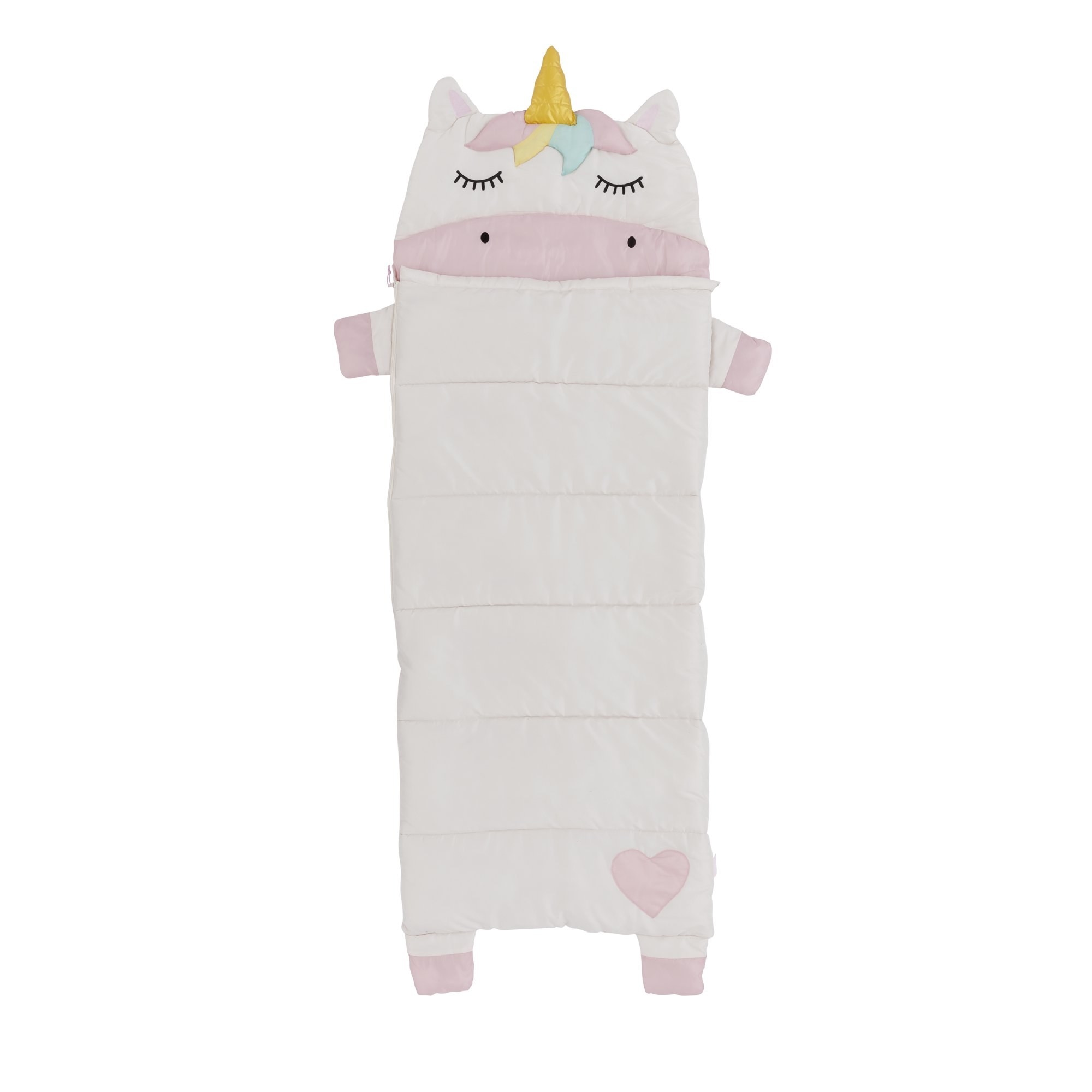 A sleeping bag shaped to resemble a sleeping unicorn