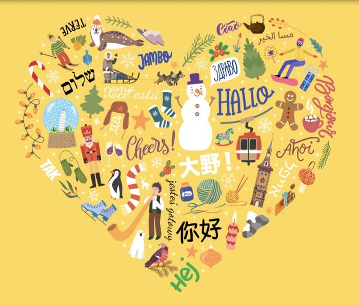 A heart with cultural images and phrases in various languages